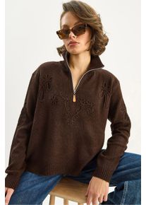 Bestickter Pullover mit Rei&szlig;verschlusskragen