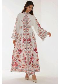 Bedrucktes Maxikleid mit langen &Auml;rmeln und G&uuml;rtel