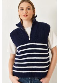 Gestreifter Strickpullover mit Rei&szlig;verschluss-Kragen