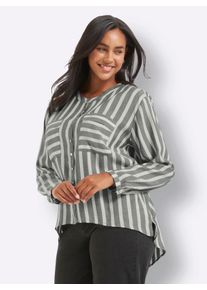 sheego Gro&szlig;e Gr&ouml;&szlig;en Gestreifte Bluse mit krempelbaren &Auml;rmeln, gl&auml;nzend, wei&szlig;-grau-gestreift, Gr&ouml;&szlig;e 50 - Damen
