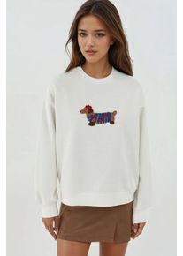 &Uuml;bergro&szlig;er Rundhalsausschnitt Bestickter Baumwollpullover