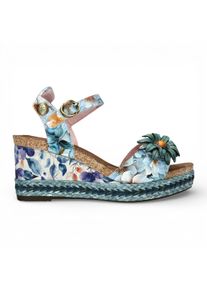 Laura Vita Damen-Espadrilles Facyo 75 aus blauem Leder mit Blumenmuster und Keilabsatz