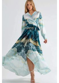 Maxikleid mit abstraktem Druck und langen &Auml;rmeln sowie Bindeg&uuml;rtel