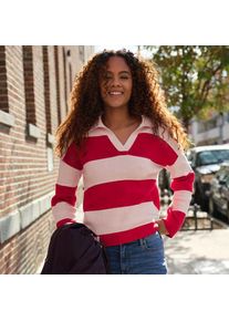 LANDS' END Feinstrick-Polopullover mit Rugbystreifen, Damen, size: regular, Rot, Baumwolle, by Lands' End