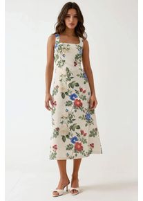 Leinen&auml;hnliches Allower Maxikleid mit Blumenmuster und elastischem Detail im R&uuml;cken