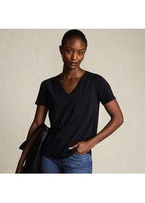 LANDS' END Baumwoll-Modal-Shirt mit V-Ausschnitt und Spitzenbesatz, Damen, size: regular, Schwarz, Elasthan/Baumwoll-Mischung/Baumwolle Modal, by Lands' End