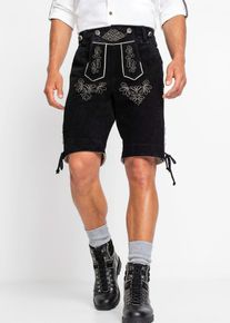 bonprix Regular Fit Trachtenhose aus Leder, schwarz, Gr.48, Kurze Lederhose mit abkn&ouml;pfbarem Latz und trachtentypischen Verzierungen, aus Glattleder