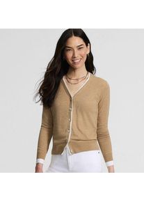 LANDS' END Feinstrick-Baumwollcardigan mit unterlegtem Ausschnitt, Damen, size: regular, Beige, Baumwolle, by Lands' End