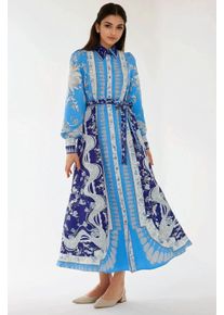 Bedrucktes Maxikleid mit langen &Auml;rmeln und G&uuml;rtel