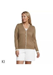 LANDS' END Feinstrick-Baumwollcardigan mit unterlegtem Ausschnitt in Plus-Gr&ouml;&szlig;e, Damen, size: plus, Beige, Baumwolle, by Lands' End