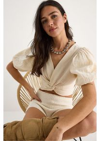 Strukturiertes V-Ausschnitt Fitted Crop Bluse mit Strickdetails