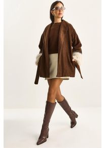 Oversized Schalkragen-Wolljacke mit Kunstfellmanschetten