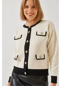 Gemusterter Acryl Rundhals-Cardigan mit Taschen