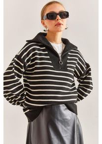 Gestreifter Boxy Crop-Pullover mit Rei&szlig;verschlusskragen