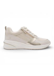 Tamaris Damen-Sneaker mit wei&szlig;er und goldener Plateausohle, Rei&szlig;verschluss und Schn&uuml;rung