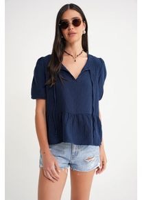 Strukturierte Musselin Rundhalsbluse mit Binding-Detail