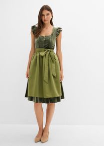 bonprix Dirndl und Sch&uuml;rze (2-tlg.Set), gr&uuml;n, Gr.50, Modern und feminin: Dirndl aus Samt mit herzf&ouml;rmigen Ausschnitt und R&uuml;schen&auml;rmel sowie einer Sch&uuml;rze aus gl&auml;nzendem Satin
