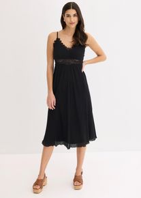 bonprix Midikleid mit Spitzeneinsatz, schwarz, Gr.48, Stylisches Kleid mit tiefem Ausschnitt, 100% Baumwolle