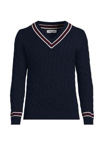 LANDS' END Drifter Zopfmusterpullover mit V-Ausschnitt, Herren, size: regular, Blau, Baumwolle, by Lands' End