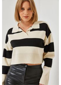 Gestreifter Polo-Kragen Ripp-Crop-Pullover