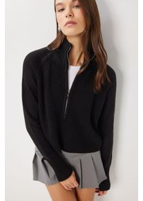 Rippstrick-Zipper-Kragenpullover