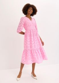 bonprix Lochstickerei-Midikleid aus reiner Baumwolle, rosa, Gr.50, feminines Midkleid aus reiner Baumwolle mit dekorativer Lochstickerei und kleiner Knopfleiste vorne am Ausschnitt, aus 100% Baumwolle