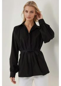 Leinen-Polyester Langarmhemd mit G&uuml;rtel