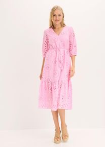 bonprix Midikleid aus reiner Baumwolle mit Lochstickerei, rosa, Gr.50, mit V-Ausschnitt und Lochstickerei, aus 100% Baumwolle