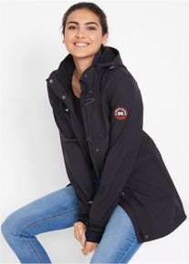 bonprix wasserabweisende Duffle-Jacke aus Softshell, schwarz, Gr.42, Bequeme &Uuml;bergangsjacke aus wasserdichtem Softshell-Material mit Kapuze, aus Softshell