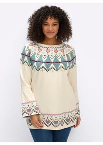 sheego Gro&szlig;e Gr&ouml;&szlig;en Norwegerpullover mit Trompeten&auml;rmeln, champagner-salbei-gemustert, Gr&ouml;&szlig;e 52/54 - Damen