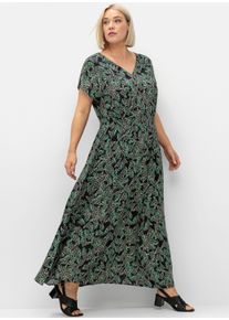 sheego Gro&szlig;e Gr&ouml;&szlig;en Maxikleid mit Blumendruck und gesmokter Taille, schwarz-gr&uuml;n, Gr&ouml;&szlig;e 52 - Damen