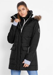 bonprix wasserabweisende Funktions-Longjacke in 2-in-1-Optik gesteppt, schwarz, Gr.52, Warme Winterjacke mit abnehmbarer Kapuze sowie abnehmbarem Fellimitat, mit formgebenden N&auml;hten