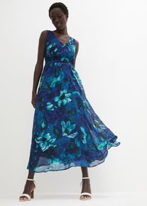 bonprix Chiffon Maxikleid, blau, Gr.38, Maxikleid mit zartem Blumenmuster und V-Ausschnitt