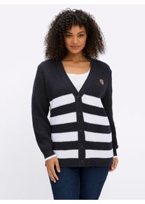sheego Gro&szlig;e Gr&ouml;&szlig;en Strickjacke mit Kontraststreifen, tiefblau-ecru-geringelt, Gr&ouml;&szlig;e 52/54 - Damen