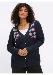 sheego Gro&szlig;e Gr&ouml;&szlig;en Cardigan mit Bl&uuml;ten-Stickereien, tiefblau-orchidee, Gr&ouml;&szlig;e 52/54 - Damen