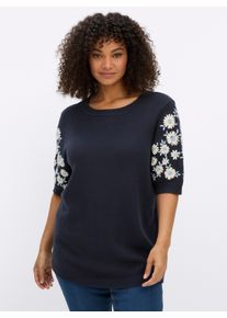 sheego Gro&szlig;e Gr&ouml;&szlig;en Kurzarmpullover mit Blumenstickereien, tiefblau-ecru, Gr&ouml;&szlig;e 52/54 - Damen