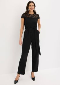 bonprix Overall aus feinem Jersey mit Spitze, schwarz, Gr.40/42 (M), Modern und feminin: Overall aus feinem Jersey mit Spitze im Oberteil und Bindeband an der Taille