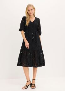 bonprix Midikleid aus reiner Baumwolle mit Lochstickerei, schwarz, Gr.46, mit V-Ausschnitt und Lochstickerei, aus 100% Baumwolle