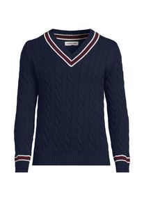 LANDS' END Drifter Zopfmusterpullover mit V-Ausschnitt, Herren, size: regular, Blau, Baumwolle, by Lands' End