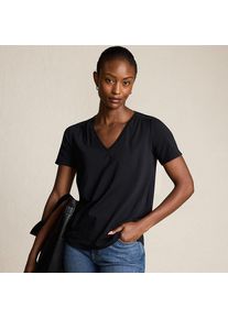 LANDS' END Baumwoll-Modal-Shirt mit V-Ausschnitt und Spitzenbesatz, Damen, size: regular, Schwarz, Elasthan/Baumwoll-Mischung/Baumwolle Modal, by Lands' End
