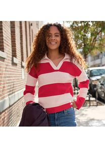 LANDS' END Feinstrick-Polopullover mit Rugbystreifen, Damen, size: regular, Rot, Baumwolle, by Lands' End