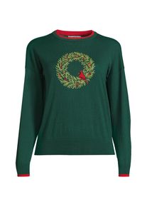 LANDS' END Feinstrick-Baumwollpullover Jacquard mit unterlegtem Ausschnitt, Damen, size: regular, Gr&uuml;n, Viskose-Mischung/Polyester-Mischung, by Lands' End