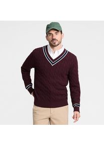 LANDS' END Drifter Zopfmusterpullover mit V-Ausschnitt, Herren, size: regular, Rot, Baumwolle, by Lands' End