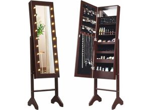 0736542306903 - 18 LED-Schmuckschrank neigungsverstellbar Schmuckregal mit Ganzkoerperspiegel und kleinem Schminkspiegel Schmuck Spiegelschrank für Makeup Braun