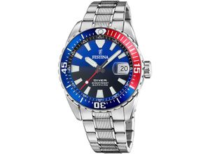 8430622817021 - Taucheruhr FESTINA The Originals Diver Armbanduhren silberfarben (silberfarben blau rot) Taucheruhren ArmbanduhrQuarzuhrHerrenuhrbis 20 bar wasserdicht Edelstahlarmband