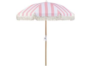 4255664812025 - Beliani - Sonnenschirm Rosa Stoff-Bespannung Rund ⌀ 150 cm mit Volant Regenschutz Holzmast Neigungsfunktion Kurbel Boho Garten Outdoor Balkon Terrasse