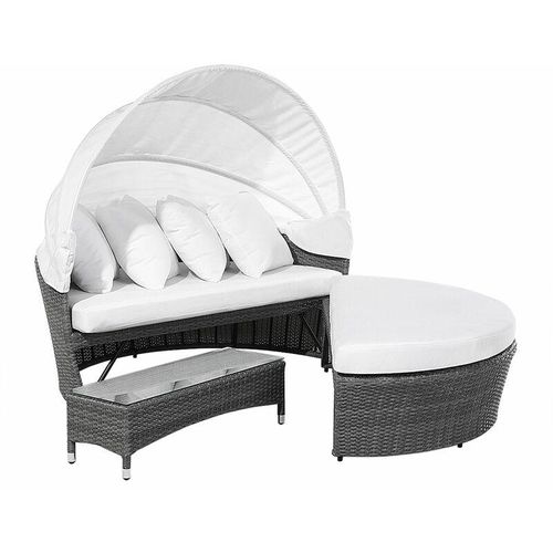 4260580930173 - Beliani - Strandkorb grau cremeweiß Polyrattan Baumwolle 2-Sitzer Sonnendach inkl Kissen Ottomane Tisch - Weiß