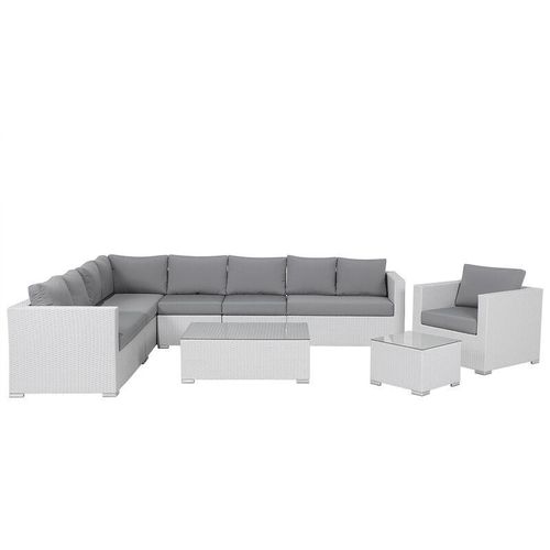 4260580930524 - Beliani - Gartenmöbel Set Weiß Rattan u Aluminium Modular mit 2 Couchtischen Mehrere Kissen Grau 8-Sitzer Lounge Set Terrasse Outdoor Modern - Grau