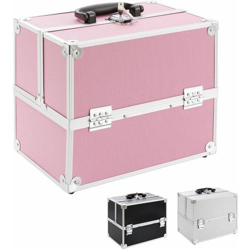 4260199751145 - Kosmetikkoffer 15L 5 Fächer Pink Aluminium inkl Schloss & Schlüssel 2 ausklappbare Etagen Samteinlage 32 x 27 x 22 cm Pink - Arebos