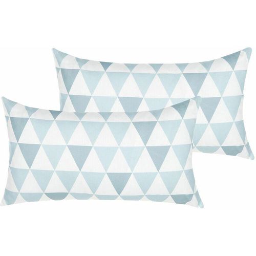 4251682283571 - Beliani - Gartenkissen 2er Set Blau Weiß Polyester Dreieck-Muster Rechteckig 70 x 40 cm Garten Balkon Terrasse - Weiß